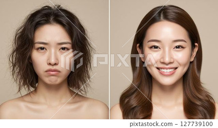 頭髮凌亂的女人和頭髮閃亮的女人的對比圖 127739100