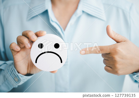 Concept good business includes handling both compliments complaints from customers ensuring employee satisfaction addressing negative feedback to prevent mental strain customer dislike with sad face Concept good business includes handling both compliments complaints from customers ensuring employee satisfaction addressing negative feedback to prevent mental strain customer dislike with sad face 127739135