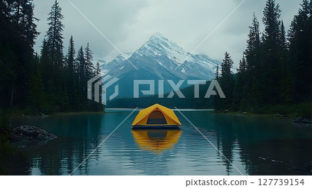 Floating tent on calm lake with mountain view nature scene 127739154