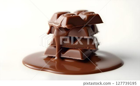 Velvety melted chocolate cascades onto a stack of chocolate, forming an eye-catching and irresistible dessert presentation 127739195