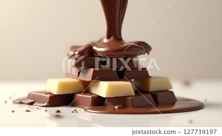 A ribbon of melted chocolate glides over a towering stack of chocolate, presenting a rich and enticing dessert 127739197