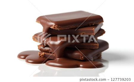 Melted chocolate cascades over a rich pile of chocolate, creating a decadent and indulgent dessert scene 127739203