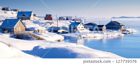 Panorama of Teriberka Historical fishing village on the shore of the Arctic Ocean. The north of Russia. 127739376