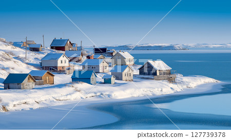 Teriberka fishermen village on the shore of the Arctic Ocean. The north of Russia. 127739378