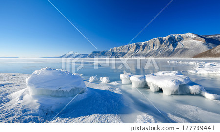 Landscape of the Baikal lake with frozen ice water with blue sky, Siberia, Russia. 127739441