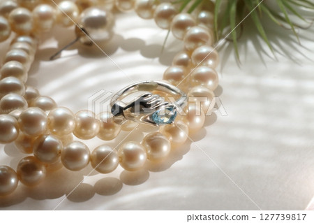 美麗的天然石項鍊和戒指圖像 127739817