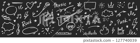Music star doodle icon punk rock set. Hand drawn music sketch guitar, microphone, skull. Fun graffiti star shape doodle arrow, crown, speech bubble grunge decoration elements. Vector 127740039