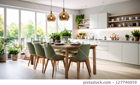 Showroom-like ideal dining table and kitchen, breakfast with natural interior, AI-generated images 127740059