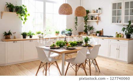 Showroom-like ideal dining table and kitchen, breakfast with natural interior, AI-generated images 127740060