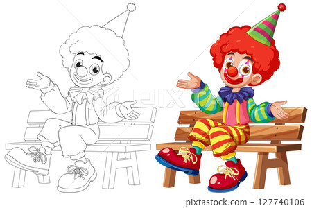 Colorful Clown Sitting on a Wooden Bench Colorful Clown Sitting on a Wooden Bench 127740106