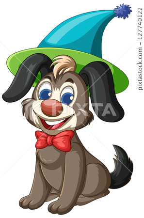 Playful Cartoon Dog in Clown Hat Illustration 127740122