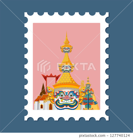 Colorful Thai Temple and Mythical Figures Illustration Colorful Thai Temple and Mythical Figures Illustration 127740124