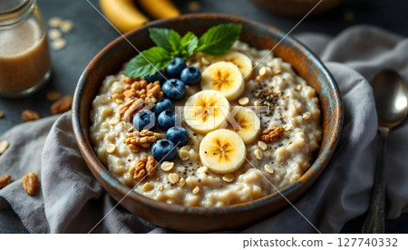 A bowl of oatmeal topped with blueberries, walnuts, and banana slices, symbolizing a nutritious breakfast choice A bowl of oatmeal topped with blueberries, walnuts, and banana slices, symbolizing a nutritious breakfast choice 127740332