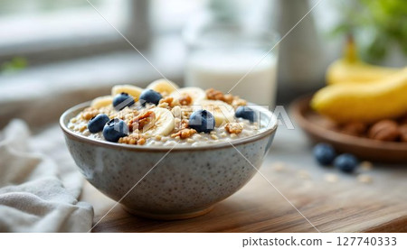 A hearty breakfast of oatmeal adorned with blueberries, walnuts, and banana, perfect for a healthy morning boost 127740333