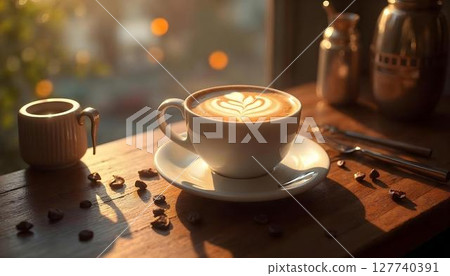 A latte embellished with several layers of detailed latte art, highlighting the artistry involved in coffee making 127740391