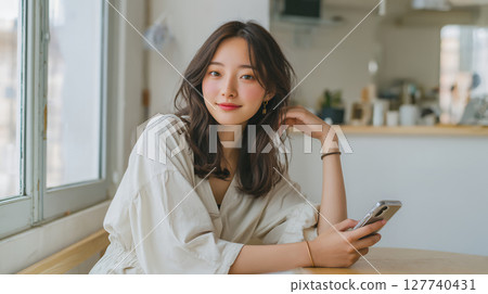 Young woman using a smartphone in a cafe 127740431