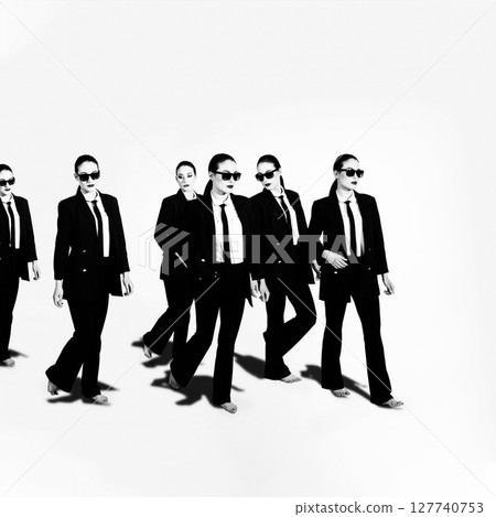 Group of same women in black suits walking on white background Group of same women in black suits walking on white background 127740753