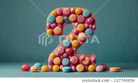 Candies and lollipops digits forming number two against pastel green backdrop, symbolizing celebratory moments and special milestones 127740856
