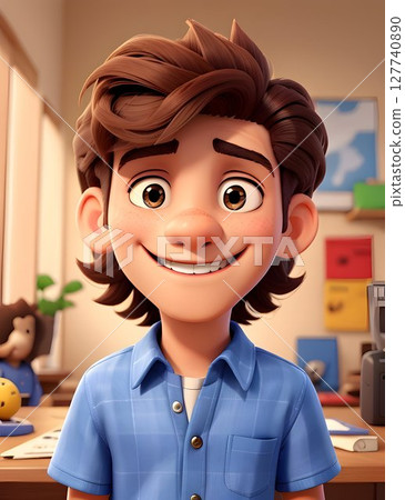 Cartoon boy with brown hair, blue checkered shirt standing confidently in office, radiating workplace positivity and professional demeanor 127740890