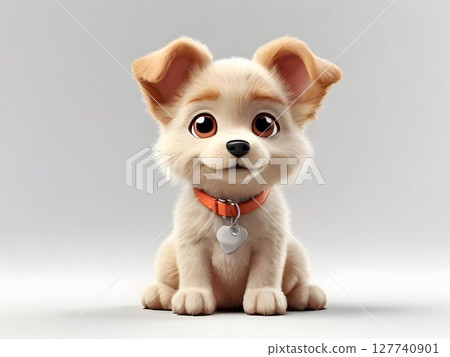 Fluffy golden retriever puppy wearing orange heart-tagged collar, sitting attentively with soulful eyes, radiating pure innocence on soft pastel background 127740901