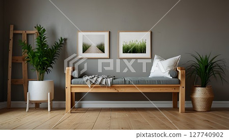 Mockup, Modern minimalist interior featuring a two large frame on a white wall, accented by a potted plant and a stylish wooden furniture 127740902