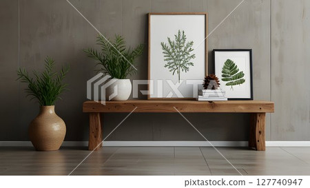 Mockup, Modern minimalist interior featuring a two large frame on a white wall, accented by a potted plant and a stylish wooden furniture Mockup, Modern minimalist interior featuring a two large frame on a white wall, accented by a potted plant and a stylish wooden furniture 127740947