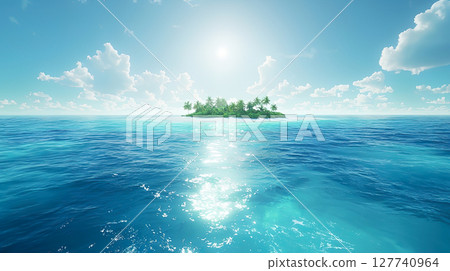 A landscape illustration of a deserted island floating in a beautiful tropical sea with a dazzling sun 127740964