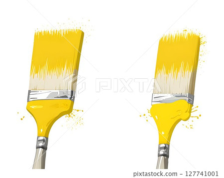 Paintbrushes are painting yellow stripes splashes and smears of paint on a white background, creating a vibrant contrast and showcasing a creative painting process 127741001