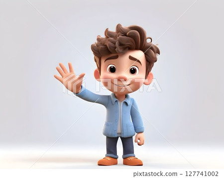 Cheerful cartoon schoolboy wearing jacket, sneakers, standing confidently against gradient gray background before first school day 127741002