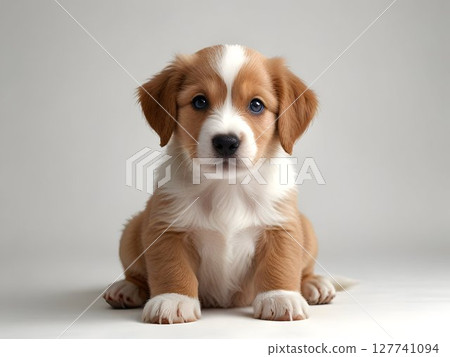 Adorable puppy with light brown and white fur resting on smooth gray backdrop, embodying playful innocence and heartwarming canine charm 127741094
