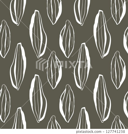Vertical seamless pattern with hand drawn cardamom pods in minimalist linear style for kitchen textiles and natural packaging Vertical seamless pattern with hand drawn cardamom pods in minimalist linear style for kitchen textiles and natural packaging 127741238