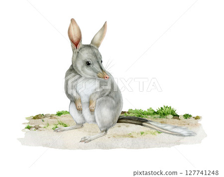 Greater bilby standing on the ground hand drawn illustration. Macrotis lagotis Australia native marsupial mammal. Rabbit eared bandicoot Australian endangered endemic animal on white background 127741248