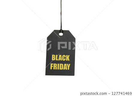 Dark tag, yellow text: Black Friday sale, isolated on white, PNG 127741469