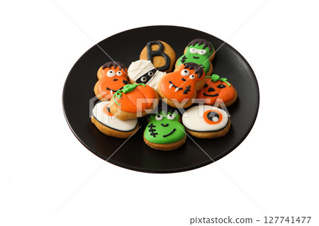 Halloween-shaped decorative cookies, isolated on white, PNG 127741477