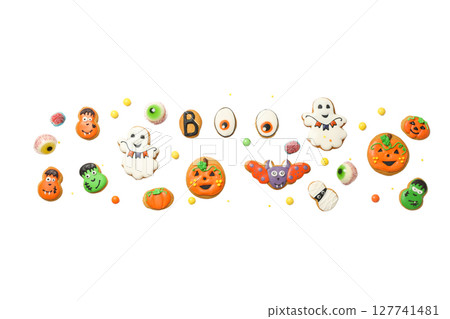 Halloween-shaped festive cookies, isolated on white, PNG 127741481