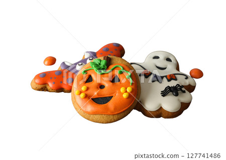 Halloween cookies: ghost, pumpkin, bat, isolated on white, PNG Halloween cookies: ghost, pumpkin, bat, isolated on white, PNG 127741486