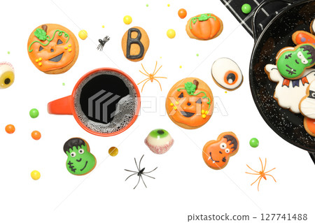 Halloween treats and coffee, isolated on white, PNG 127741488