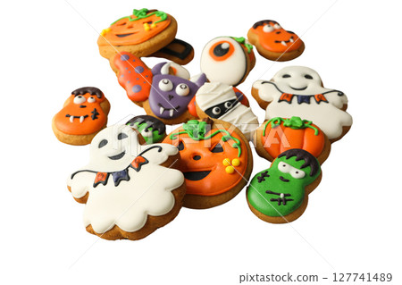 Tasty Halloween cookies for fun, isolated on white, PNG 127741489