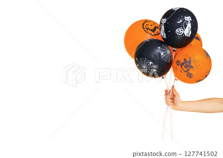 Colorful Halloween balloon hand, isolated on white, PNG 127741502