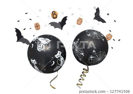 Spooky black balloons for Halloween, isolated on white, PNG 127741506