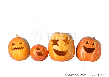 Four cheerful Halloween pumpkins, isolated on white, PNG 127741513