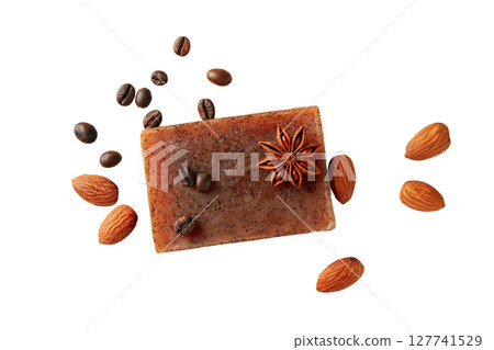 Coffee, almond, and spice handmade soap, isolated on white, PNG Coffee, almond, and spice handmade soap, isolated on white, PNG 127741529