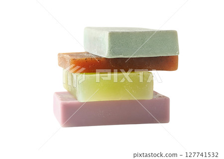 Vibrant, textured soap bars for cleansing, isolated on white, PNG Vibrant, textured soap bars for cleansing, isolated on white, PNG 127741532