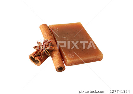 Cinnamon and star anise soap display, isolated on white, PNG 127741534