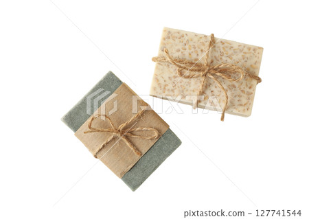 2 artisanal soap bars in natural wrap, isolated on white, PNG 2 artisanal soap bars in natural wrap, isolated on white, PNG 127741544