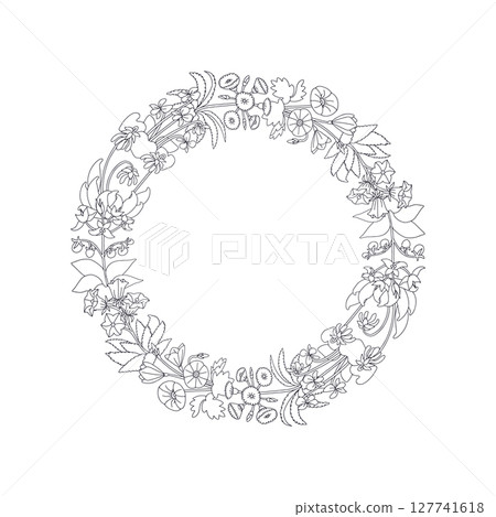 Hand drawn black and white line art canary islands flowers wreath. Card template with cute monochrome floral frame 127741618