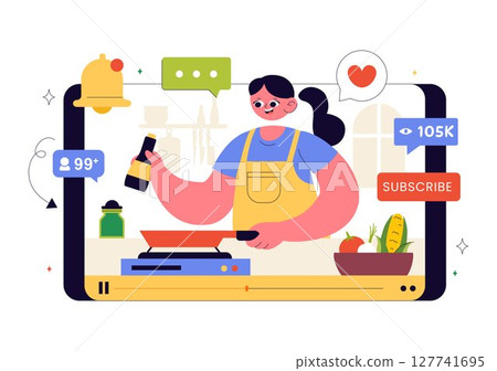 Cooking Blog Vector Illustration Featuring Young People Recording a Cooking Vlog and Preparing Food at Home in a Flat Style Cartoon Background 127741695