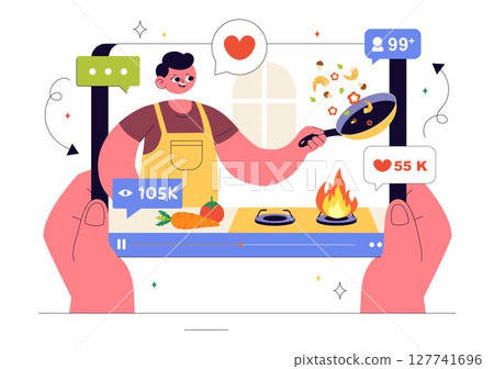 Cooking Blog Vector Illustration Featuring Young People Recording a Cooking Vlog and Preparing Food at Home in a Flat Style Cartoon Background 127741696