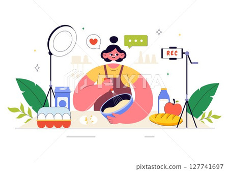 Cooking Blog Vector Illustration Featuring Young People Recording a Cooking Vlog and Preparing Food at Home in a Flat Style Cartoon Background 127741697
