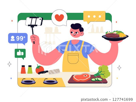 Cooking Blog Vector Illustration Featuring Young People Recording a Cooking Vlog and Preparing Food at Home in a Flat Style Cartoon Background Cooking Blog Vector Illustration Featuring Young People Recording a Cooking Vlog and Preparing Food at Home in a Flat Style Cartoon Background 127741699